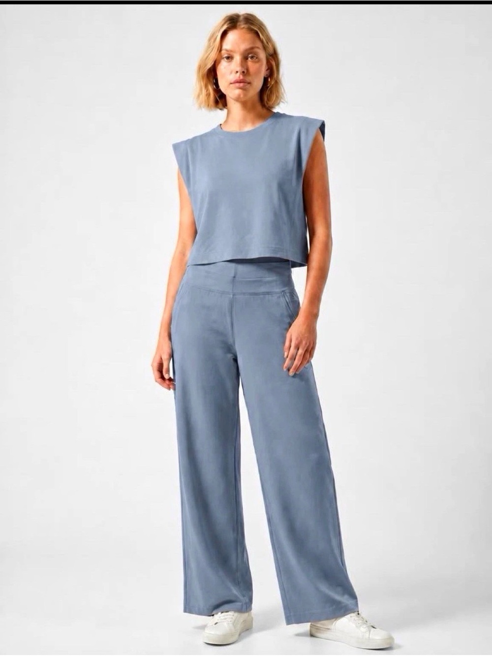 Athleta Light Blue Grey High Rise Wide Leg Lounge Pants Size M Pockets